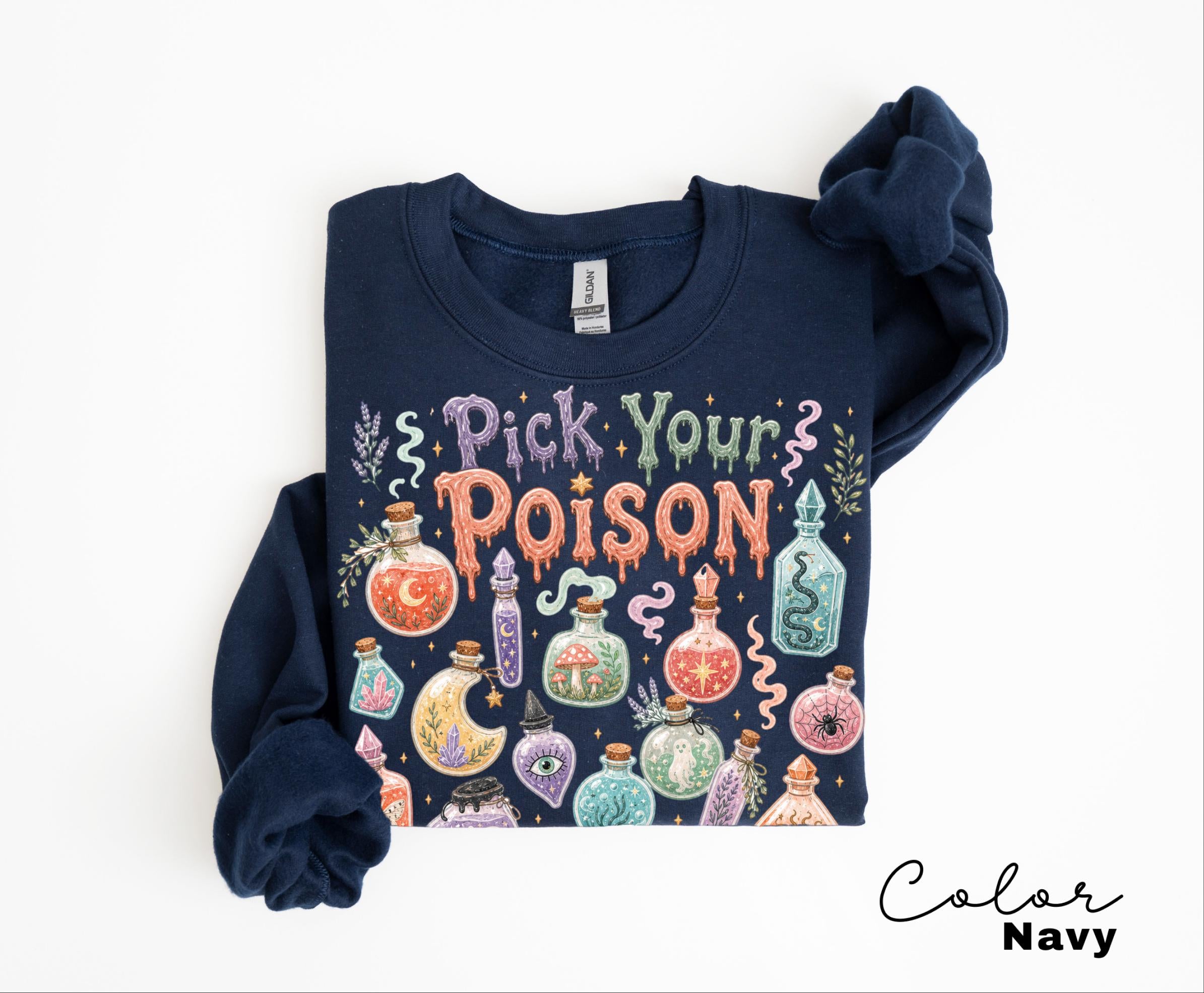 Pick Your Poison Sweatshirt, Whimsical Potion Bottles Crewneck, Folk Art Halloween Pullover, Cute Spooky Witchy Sweatshirt