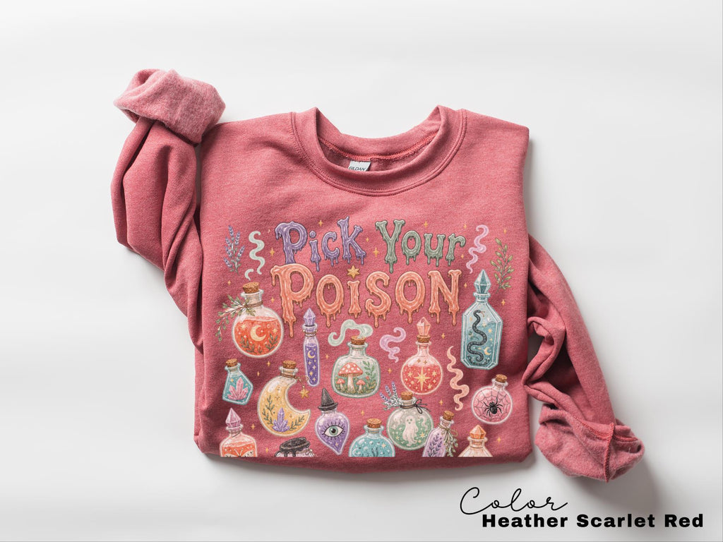 Pick Your Poison Sweatshirt, Whimsical Potion Bottles Crewneck, Folk Art Halloween Pullover, Cute Spooky Witchy Sweatshirt