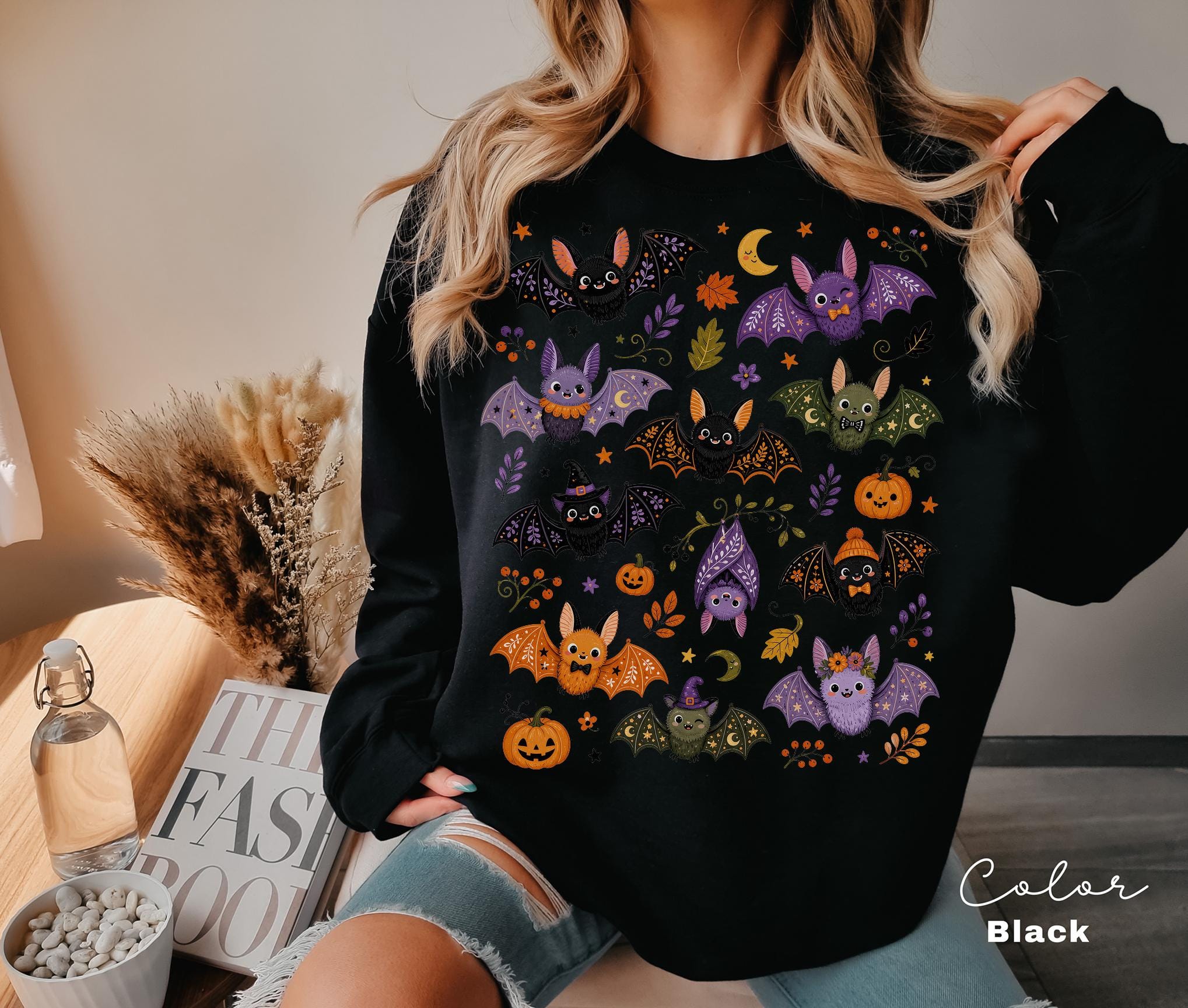 Cute Bat Halloween Sweatshirt, Whimsical Fall Crewneck, Spooky Season Pullover, Pumpkin and Bat Cozy Sweatshirt