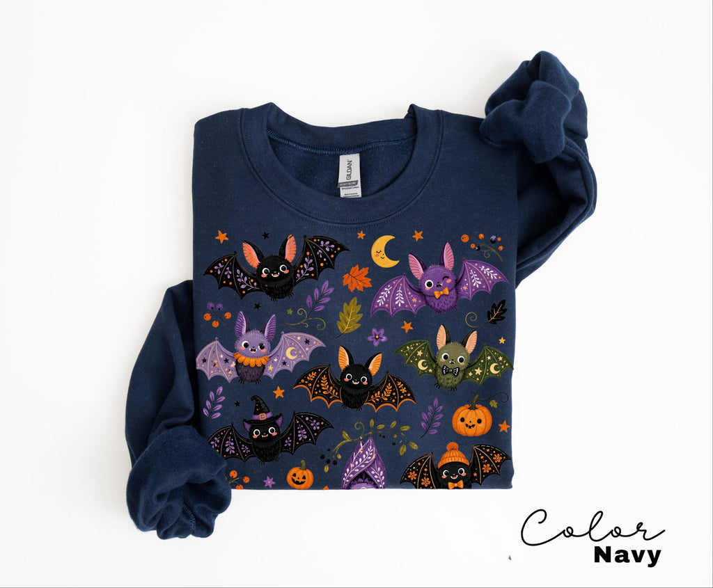 Cute Bat Halloween Sweatshirt, Whimsical Fall Crewneck, Spooky Season Pullover, Pumpkin and Bat Cozy Sweatshirt
