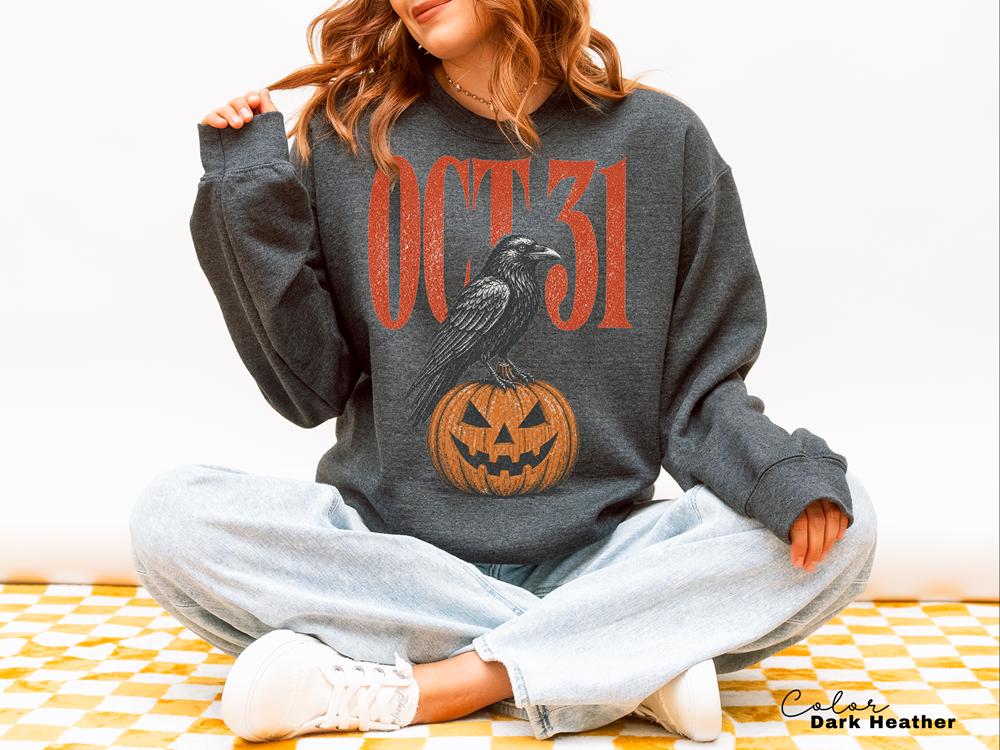 Halloween Crow Pumpkin Sweatshirt, Vintage Jack O Lantern Crewneck, October 31 Spooky Season Pullover