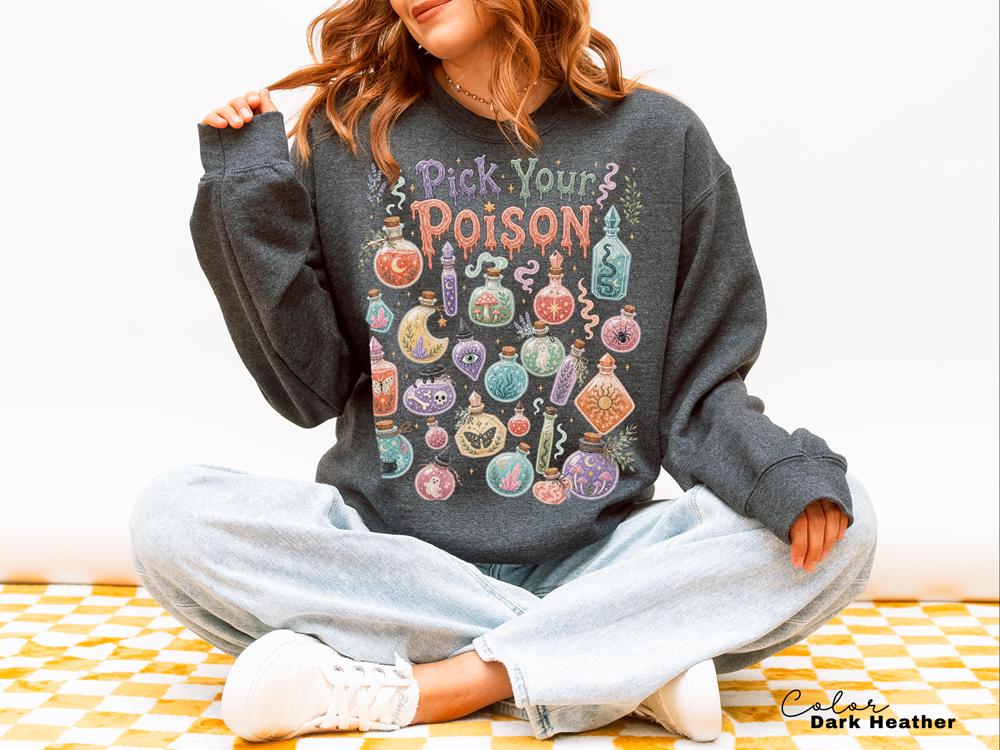 Pick Your Poison Sweatshirt, Whimsical Potion Bottles Crewneck, Folk Art Halloween Pullover, Cute Spooky Witchy Sweatshirt