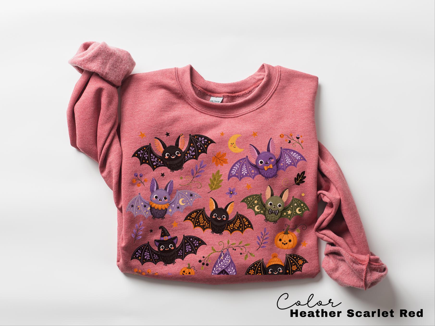 Cute Bat Halloween Sweatshirt, Whimsical Fall Crewneck, Spooky Season Pullover, Pumpkin and Bat Cozy Sweatshirt