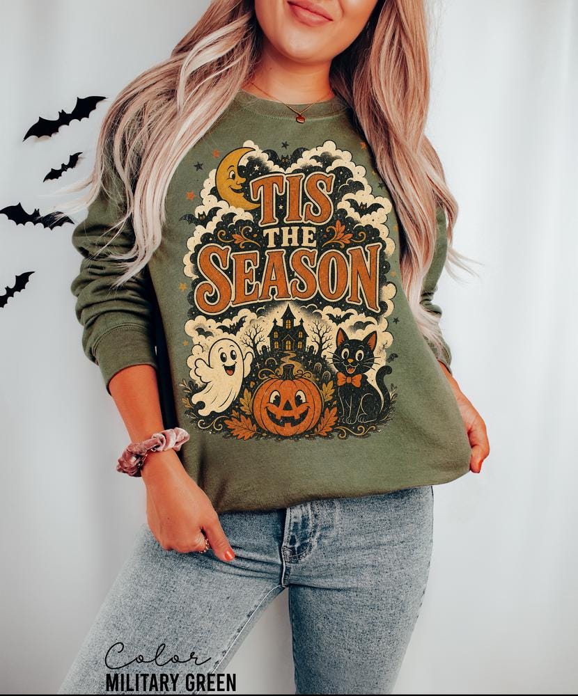 Tis the Season Retro Halloween Sweatshirt, Ghost Cat Pumpkin Crewneck, Spooky Season Fall Pullover, Cute Retro Haunted House Sweatshirt