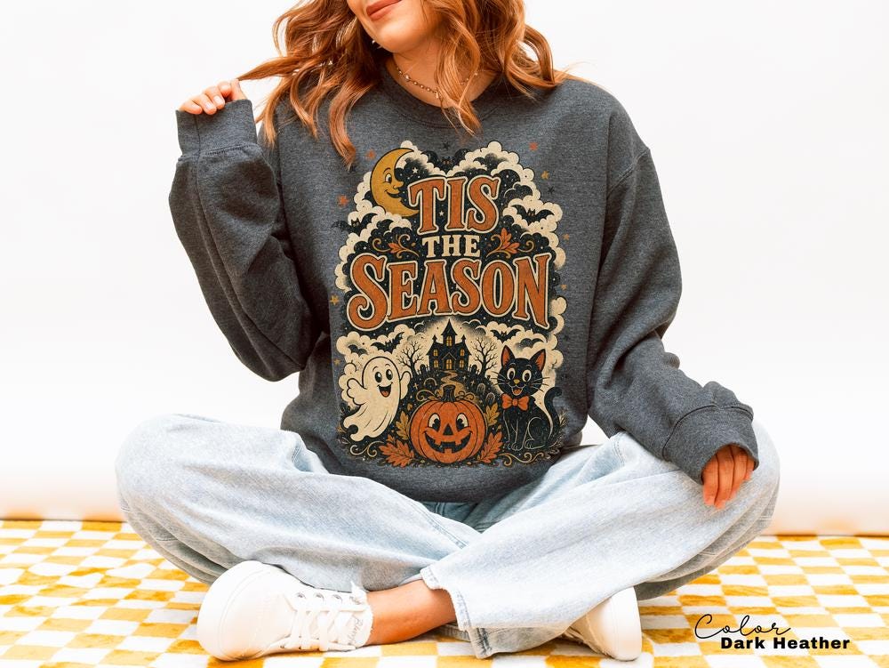 Tis the Season Retro Halloween Sweatshirt, Ghost Cat Pumpkin Crewneck, Spooky Season Fall Pullover, Cute Retro Haunted House Sweatshirt