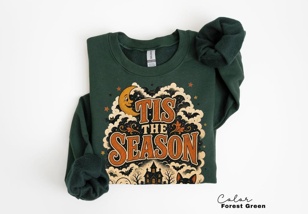 Tis the Season Retro Halloween Sweatshirt, Ghost Cat Pumpkin Crewneck, Spooky Season Fall Pullover, Cute Retro Haunted House Sweatshirt