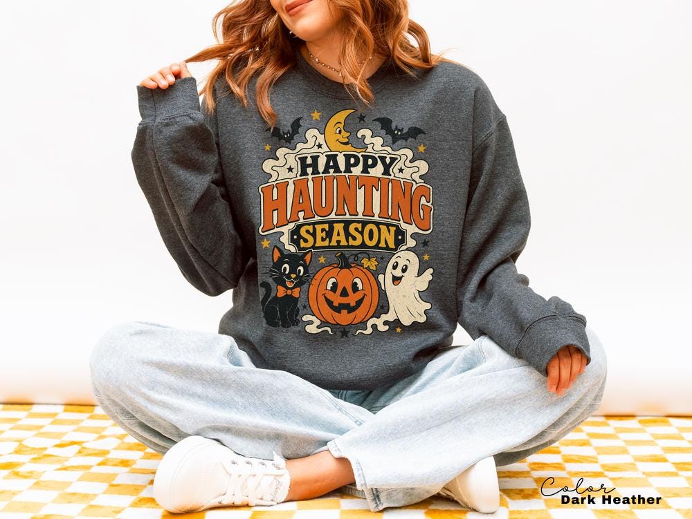 Happy Haunting Season Sweatshirt, Vintage Halloween Crewneck, Retro Ghost Pumpkin Pullover, Cute Spooky Fall Sweatshirt