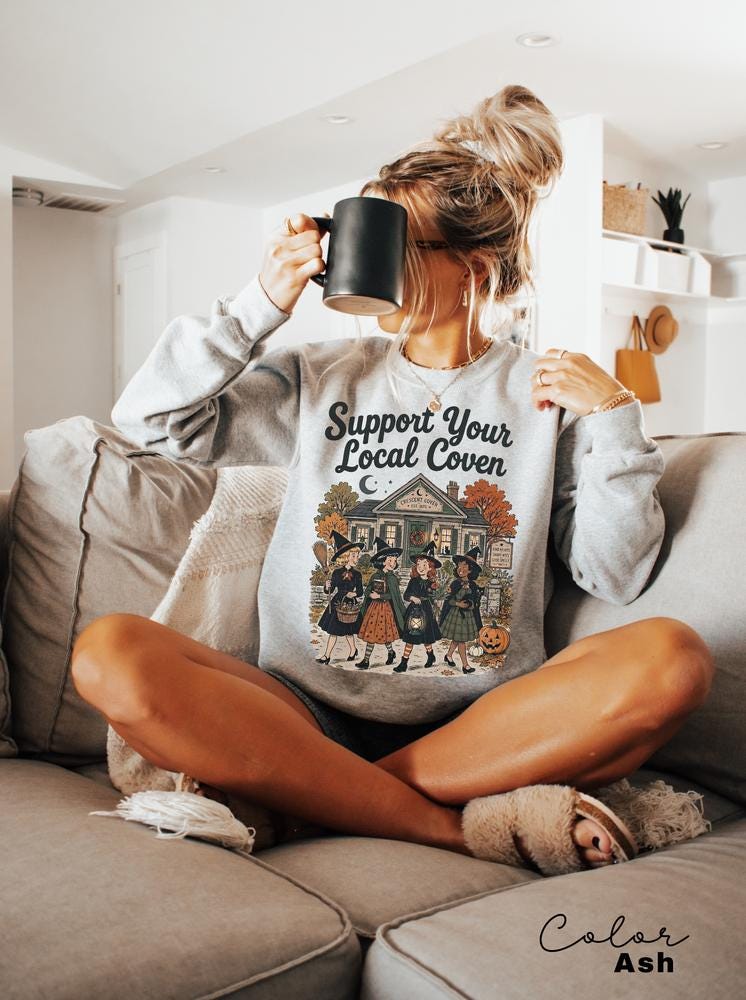 Support Your Local Coven Halloween Sweatshirt, Witchy Vintage Crewneck, Halloween Folk Art Pullover, Cute Spooky Autumn Sweatshirt