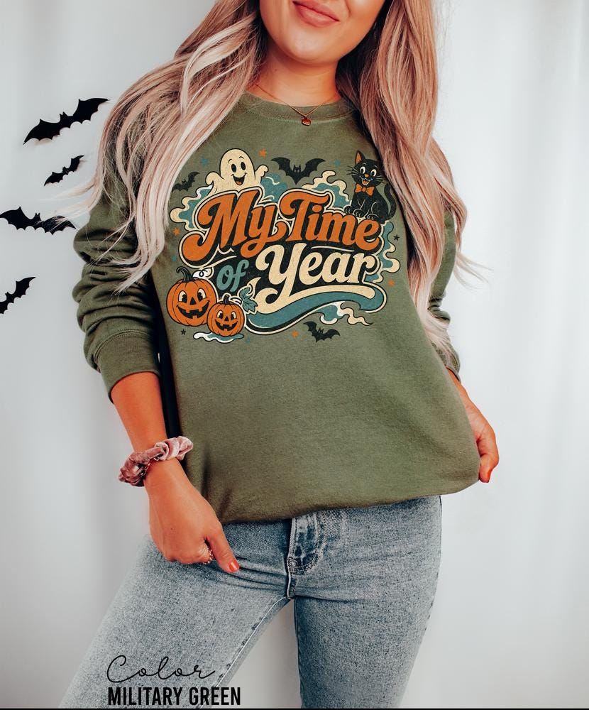 MY Time of Year Halloween Sweatshirt, Vintage Ghost Pumpkin Crewneck, Retro Black Cat Halloween Sweatshirt
