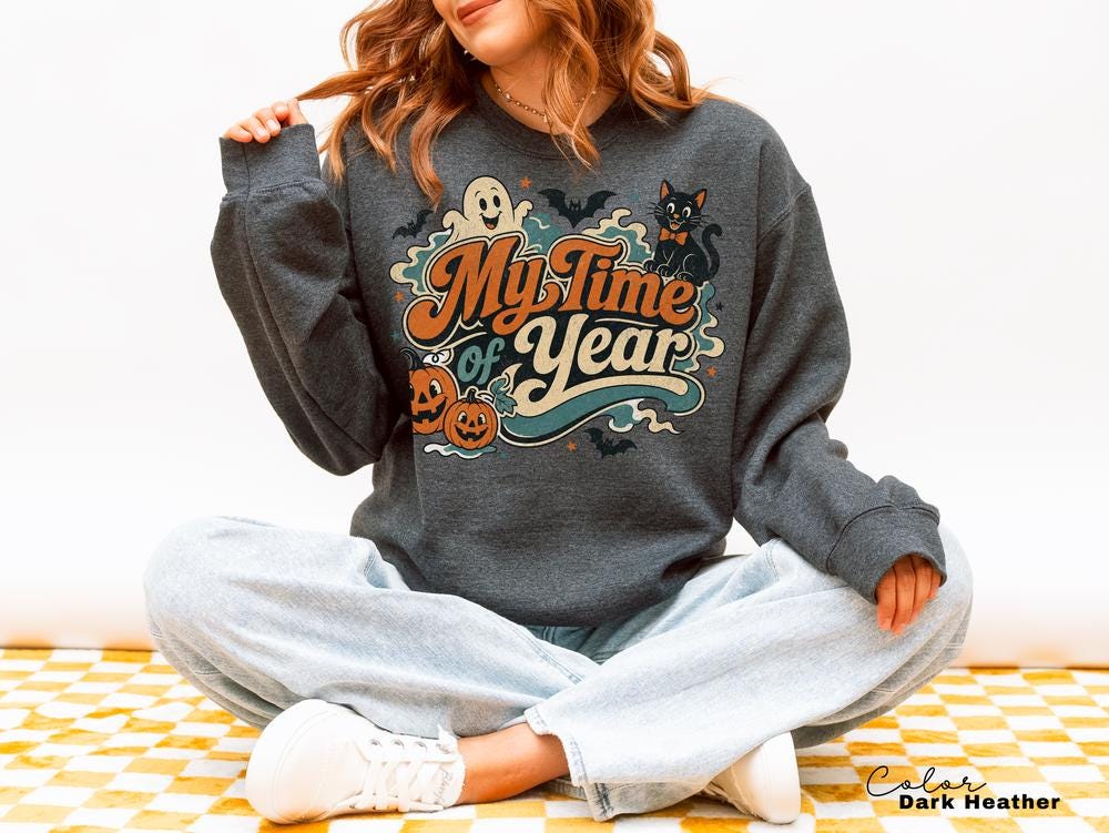 MY Time of Year Halloween Sweatshirt, Vintage Ghost Pumpkin Crewneck, Retro Black Cat Halloween Sweatshirt