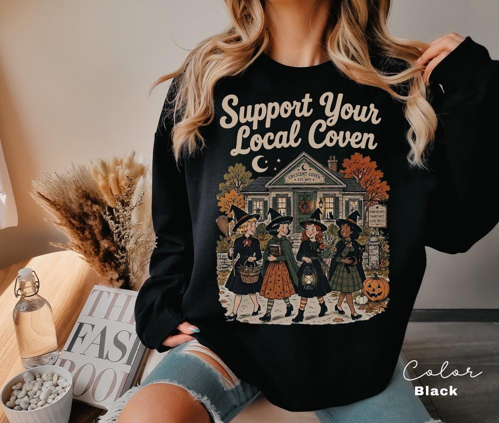 Support Your Local Coven Halloween Sweatshirt, Witchy Vintage Crewneck, Halloween Folk Art Pullover, Cute Spooky Autumn Sweatshirt