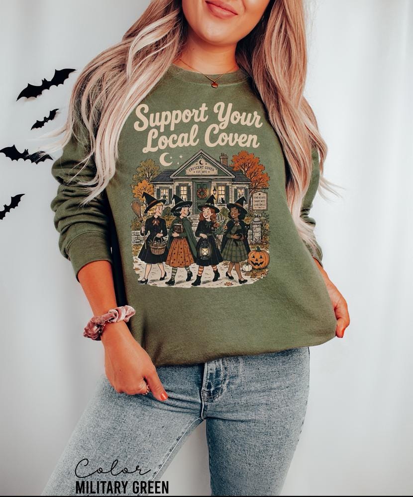 Support Your Local Coven Halloween Sweatshirt, Witchy Vintage Crewneck, Halloween Folk Art Pullover, Cute Spooky Autumn Sweatshirt