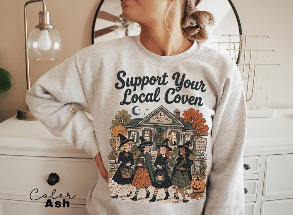 Support Your Local Coven Halloween Sweatshirt, Witchy Vintage Crewneck, Halloween Folk Art Pullover, Cute Spooky Autumn Sweatshirt