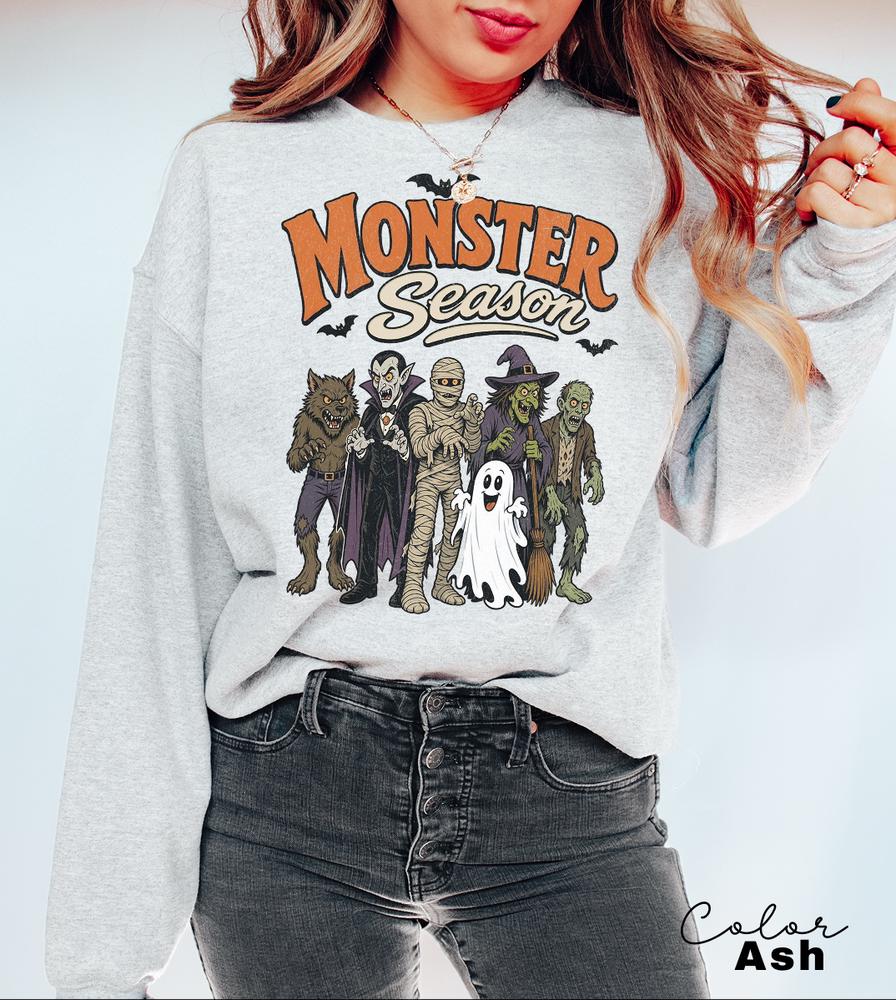 Monster Season Sweatshirt, Retro 90s Halloween Crewneck, Cute Spooky Monsters Pullover, Retro Cartoon Monster Sweatshirt