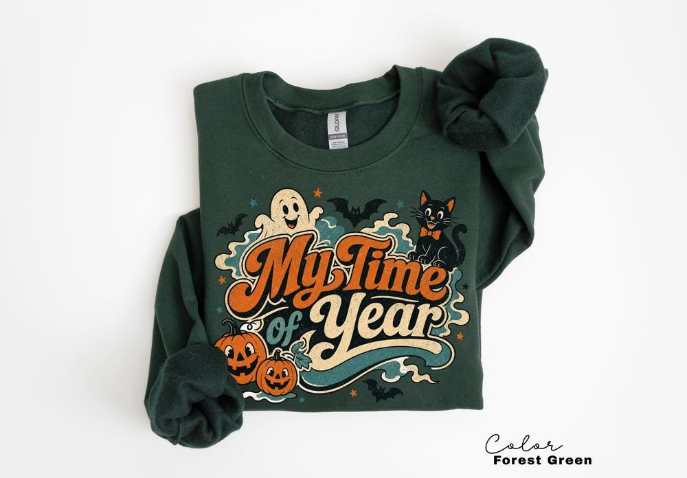 MY Time of Year Halloween Sweatshirt, Vintage Ghost Pumpkin Crewneck, Retro Black Cat Halloween Sweatshirt