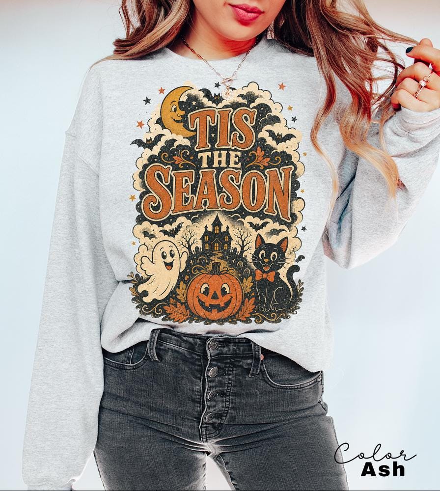 Tis the Season Retro Halloween Sweatshirt, Ghost Cat Pumpkin Crewneck, Spooky Season Fall Pullover, Cute Retro Haunted House Sweatshirt