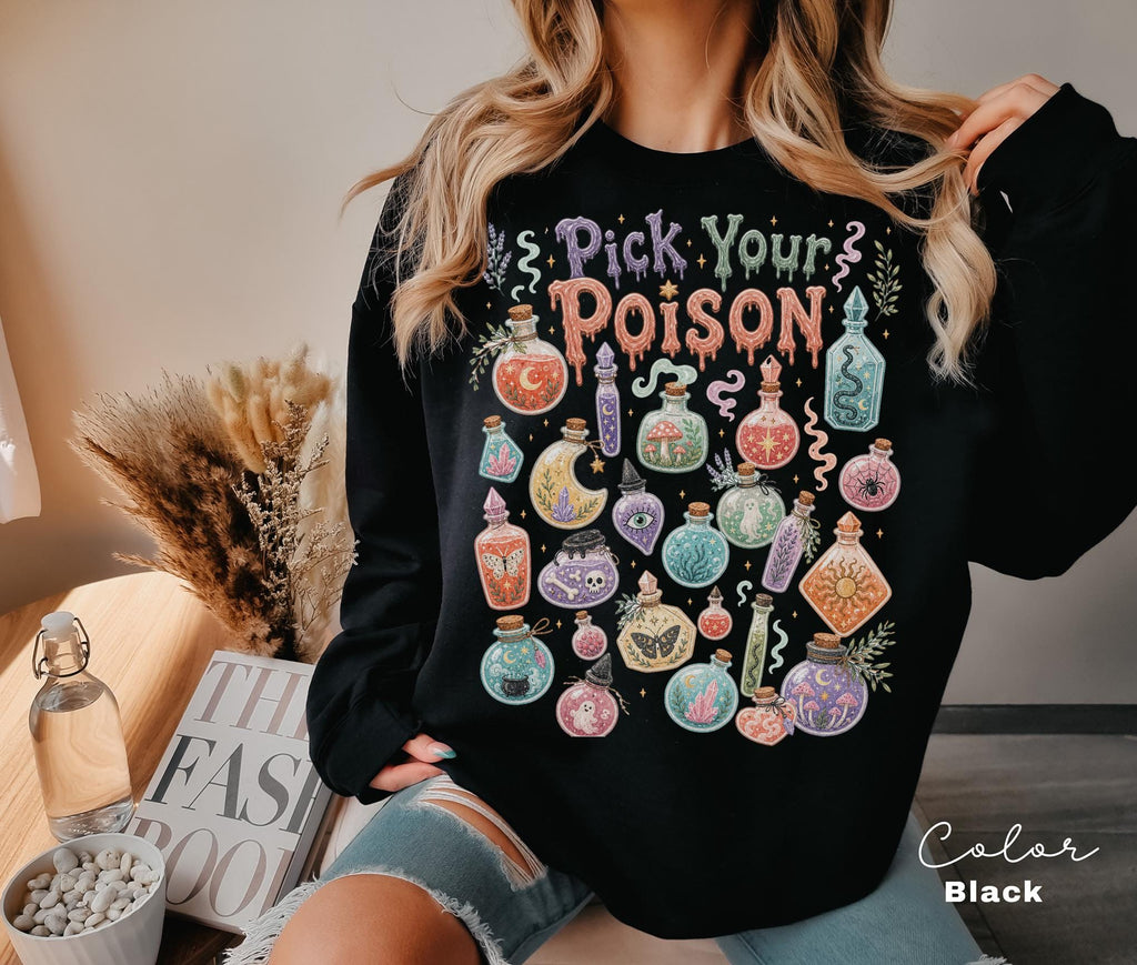 Pick Your Poison Sweatshirt, Whimsical Potion Bottles Crewneck, Folk Art Halloween Pullover, Cute Spooky Witchy Sweatshirt