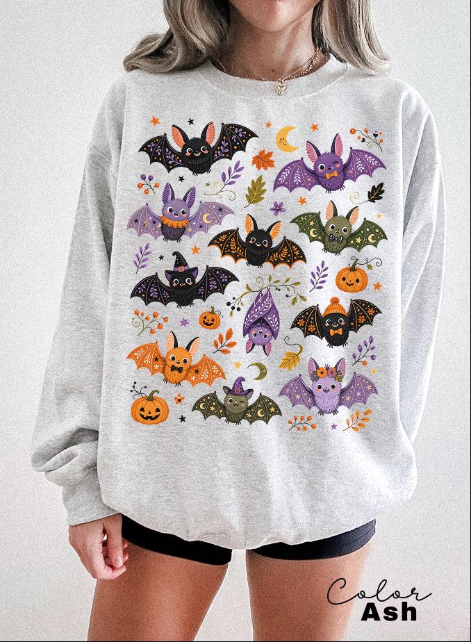 Cute Bat Halloween Sweatshirt, Whimsical Fall Crewneck, Spooky Season Pullover, Pumpkin and Bat Cozy Sweatshirt