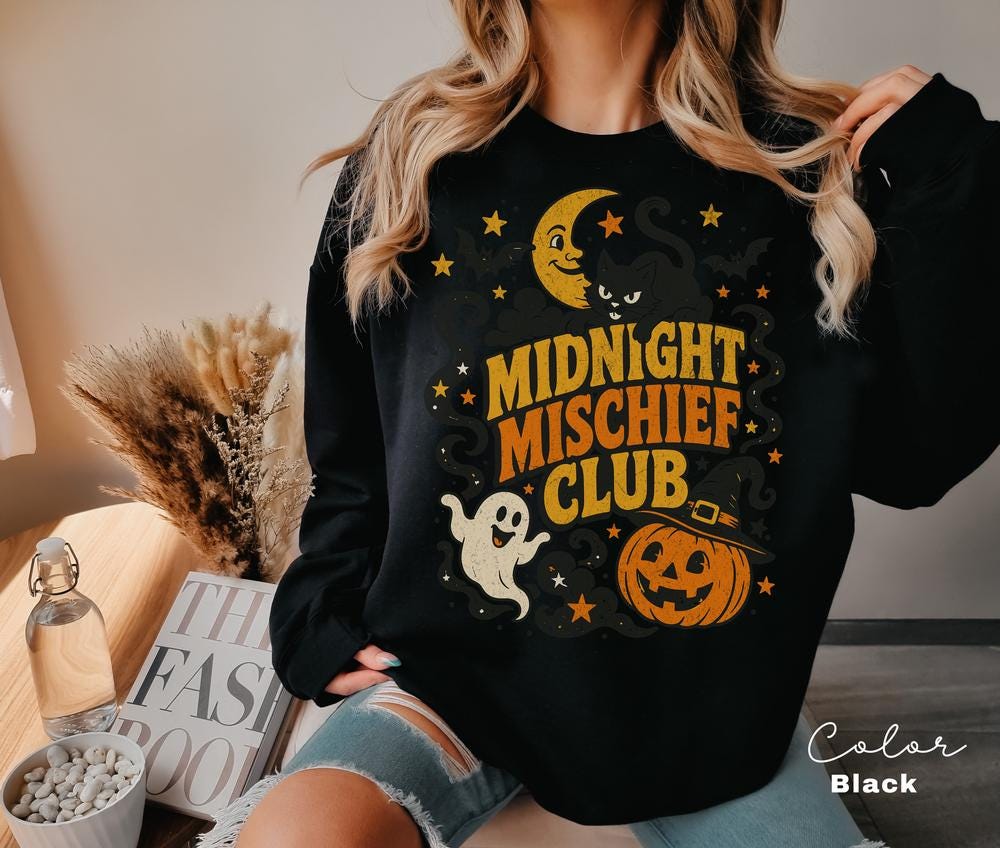 Retro Vintage Halloween Sweatshirt, Midnight Mischief Club, Spooky Crewneck, Black Cat Pumpkin Pullover, Ghost Retro Halloween Sweatshirt