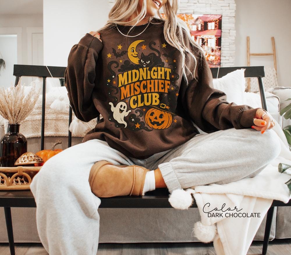 Retro Vintage Halloween Sweatshirt, Midnight Mischief Club, Spooky Crewneck, Black Cat Pumpkin Pullover, Ghost Retro Halloween Sweatshirt