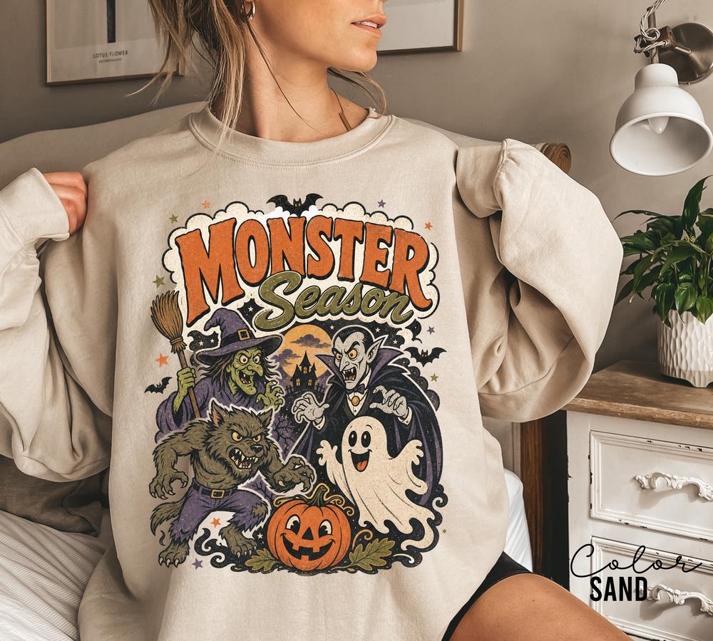 Monster Season Retro Halloween Sweatshirt, Vintage Spooky Crewneck, Witch Ghost Vampire Pullover, Retro Fall Sweatshirt