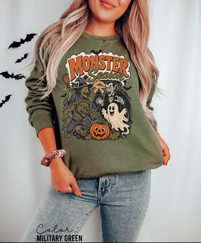 Monster Season Retro Halloween Sweatshirt, Vintage Spooky Crewneck, Witch Ghost Vampire Pullover, Retro Fall Sweatshirt