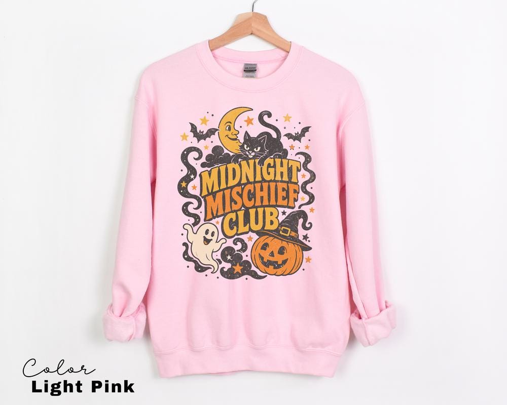 Retro Vintage Halloween Sweatshirt, Midnight Mischief Club, Spooky Crewneck, Black Cat Pumpkin Pullover, Ghost Retro Halloween Sweatshirt