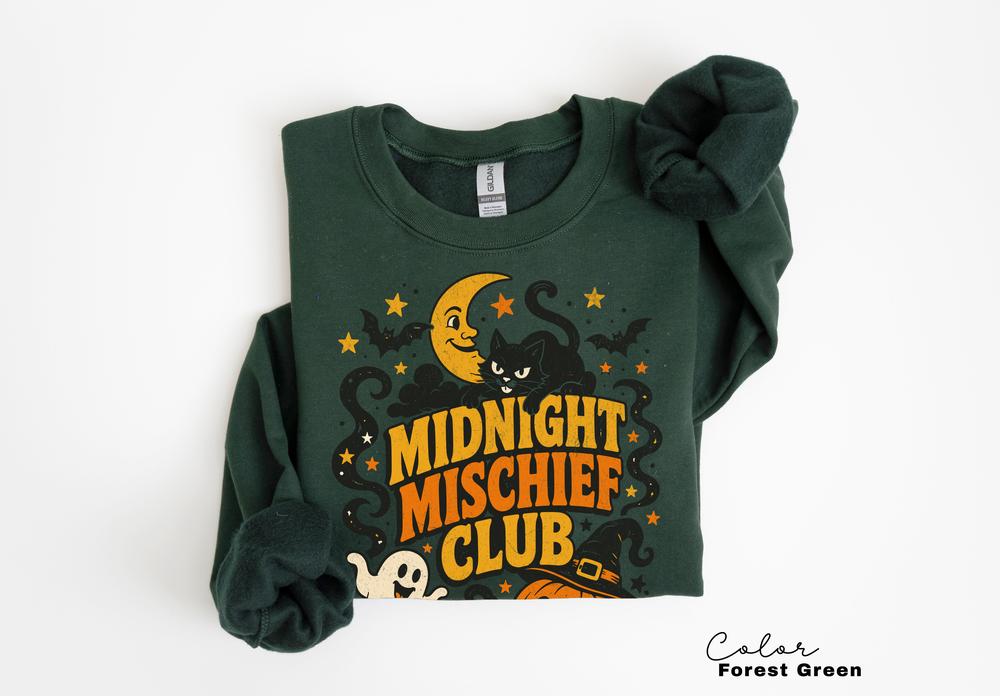 Retro Vintage Halloween Sweatshirt, Midnight Mischief Club, Spooky Crewneck, Black Cat Pumpkin Pullover, Ghost Retro Halloween Sweatshirt