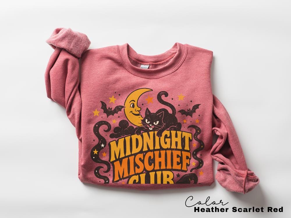 Retro Vintage Halloween Sweatshirt, Midnight Mischief Club, Spooky Crewneck, Black Cat Pumpkin Pullover, Ghost Retro Halloween Sweatshirt