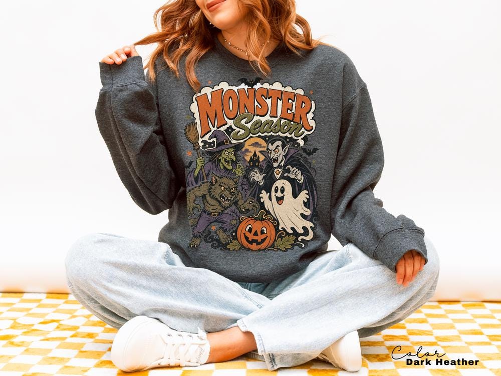 Monster Season Retro Halloween Sweatshirt, Vintage Spooky Crewneck, Witch Ghost Vampire Pullover, Retro Fall Sweatshirt