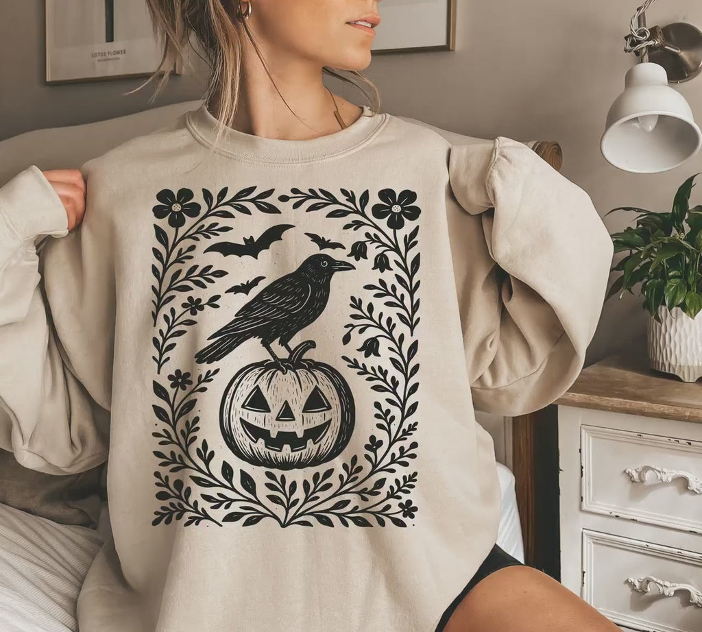 Halloween Crow Pumpkin Sweatshirt, Jack O Lantern, Boho Cottagecore, Pumpkin Pullover, Floral Halloween, Oversized, Crewneck,