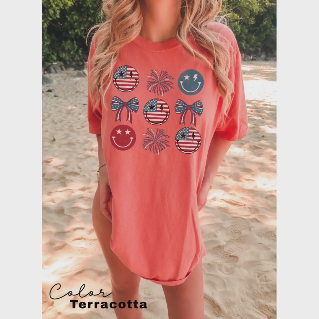 Retro Smiley Flag USA Shirt, Comfort Colors, Fourth of July Tee, 4th of July Smiley Face, Oversized Tshirt, Women Patriotic Shirts, Fourth