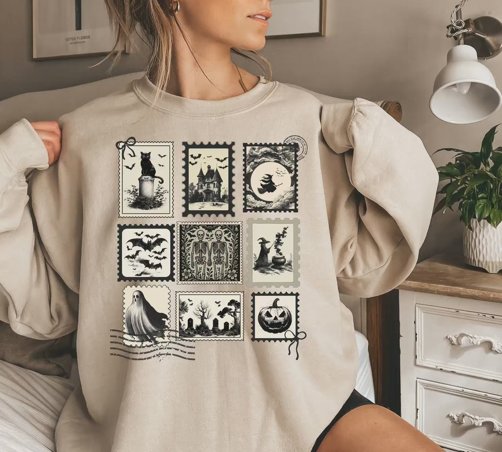 Halloween Cute Pumpkin Cat Sweatshirt, Spooky Halloween Stamp, Retro Crewneck,  Postage Stamp, Fall Spooky Cat, Witch Ghost Black Cat
