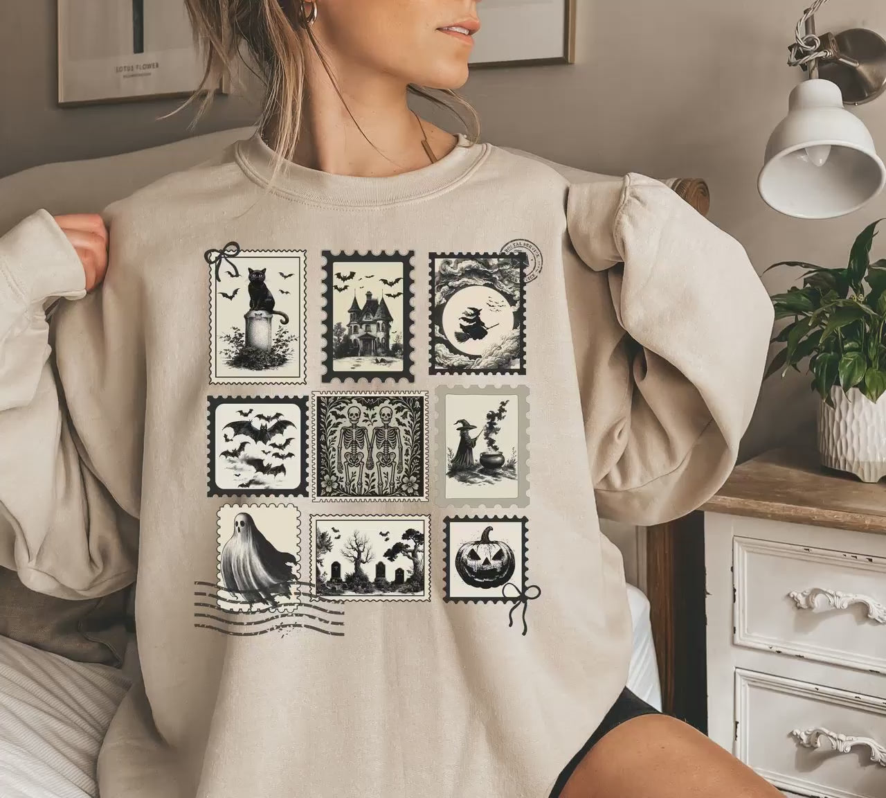 Halloween Cute Pumpkin Cat Sweatshirt, Spooky Halloween Stamp, Retro Crewneck,  Postage Stamp, Fall Spooky Cat, Witch Ghost Black Cat