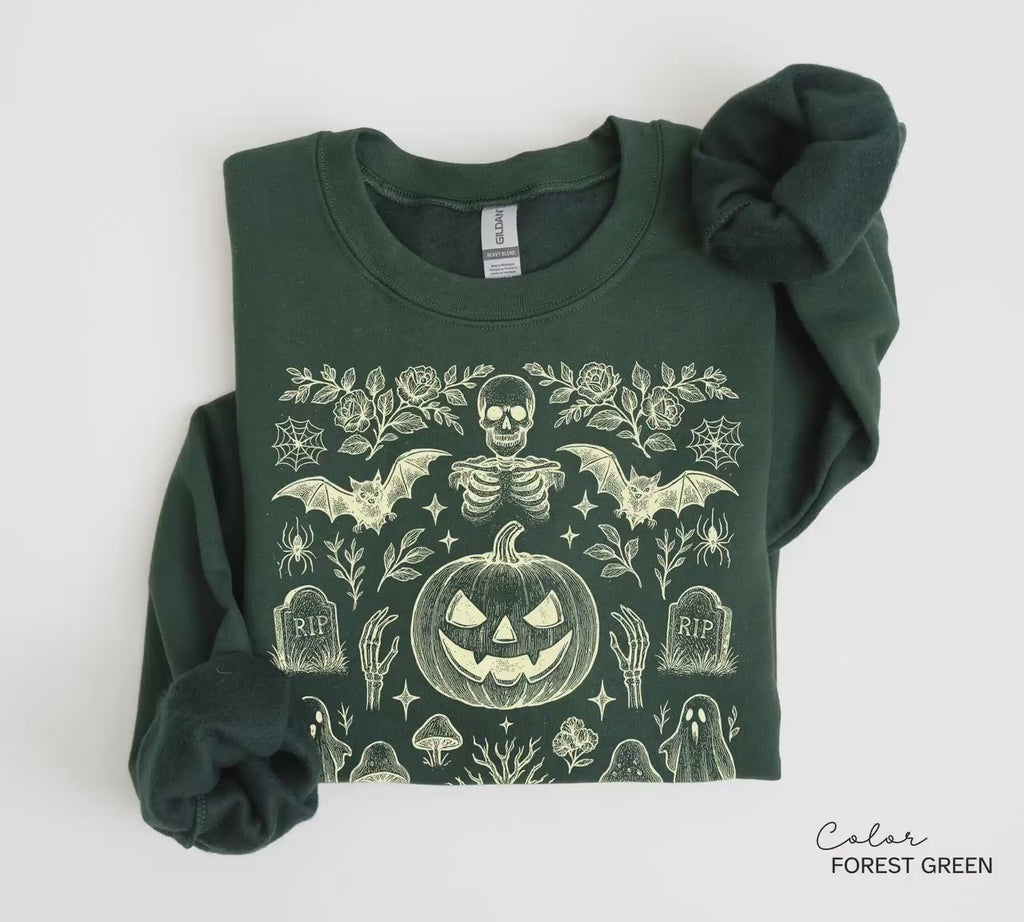 Retro Halloween Jack O Lantern Pumpkin Sweatshirt, Bat Ghost Skeleton Halloween, Spooky Season, Halloween Cottagecore, Doodle Halloween