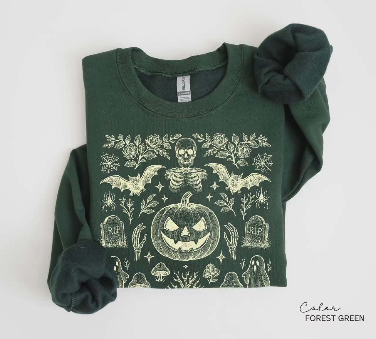 Retro Halloween Jack O Lantern Pumpkin Sweatshirt, Bat Ghost Skeleton Halloween, Spooky Season, Halloween Cottagecore, Doodle Halloween