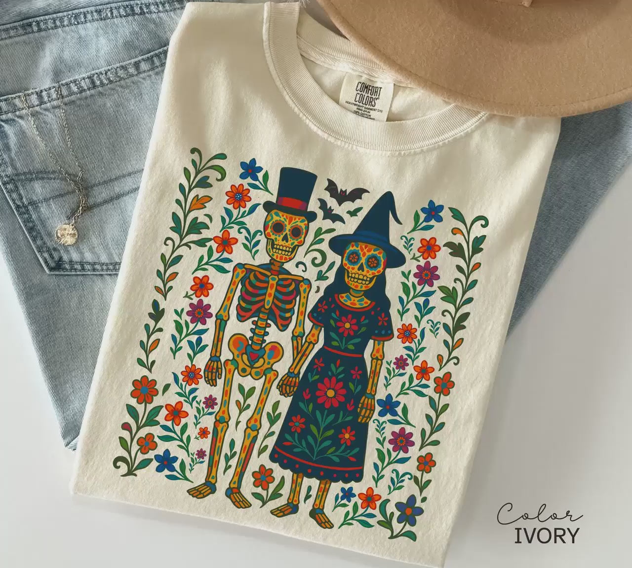 Halloween Skeleton Couple Shirt, Floral Halloween, Sugar Skull, Colorful Halloween Tee, Comfort Colors, Oversized, Retro Vintage Halloween