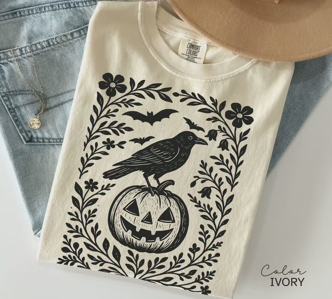 Halloween Crow Pumpkin Shirt, Jack O Lantern, Boho Cottagecore, Floral Halloween, Oversized, Comfort Colors, Crewneck Tee, Halloween Party