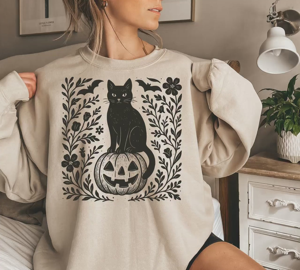 Halloween Black Cat Sweatshirt, Cute Cat Lover Halloween Pullover, Spooky Season Cat, Halloween Cute Women Outfit, Halloween Gift